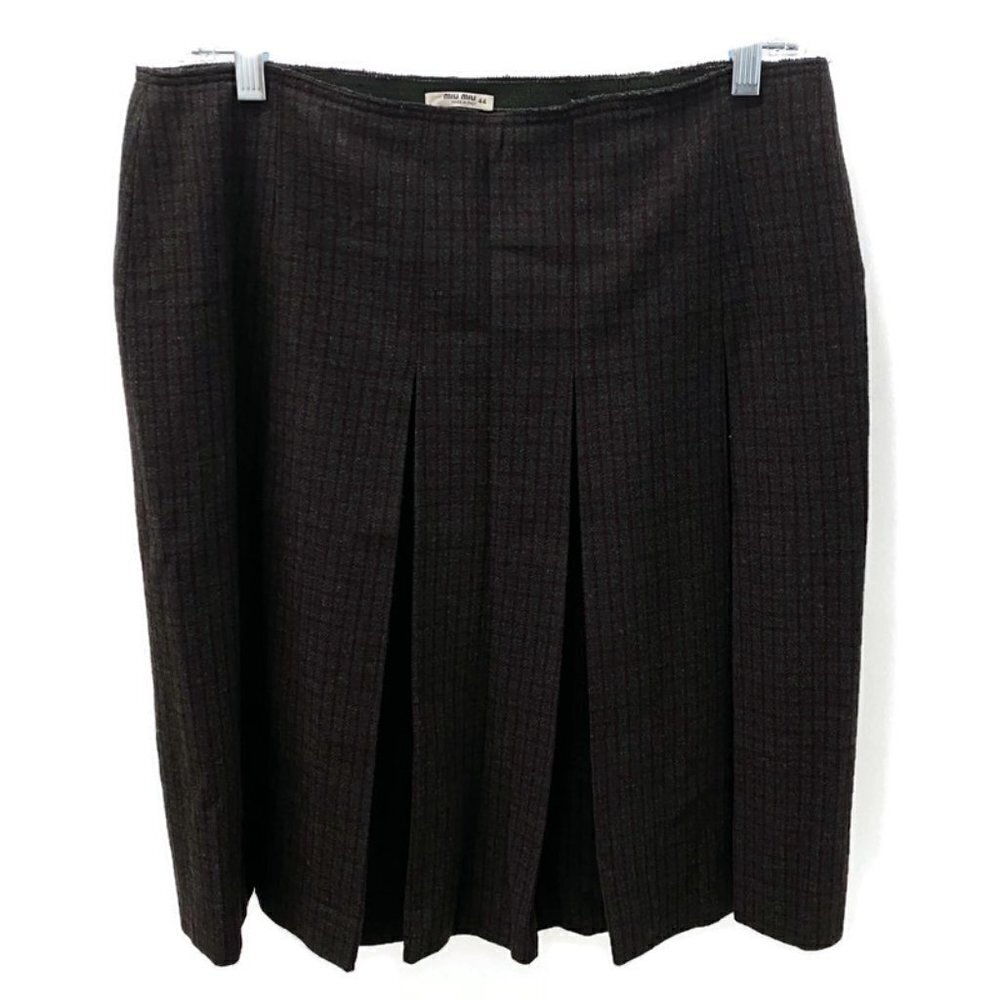 Miu Miu Gray & Burgundy Wool Plaid Pleated Skirt